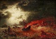 marcus larson Nattlig marin med brinnande fartyg Spain oil painting artist